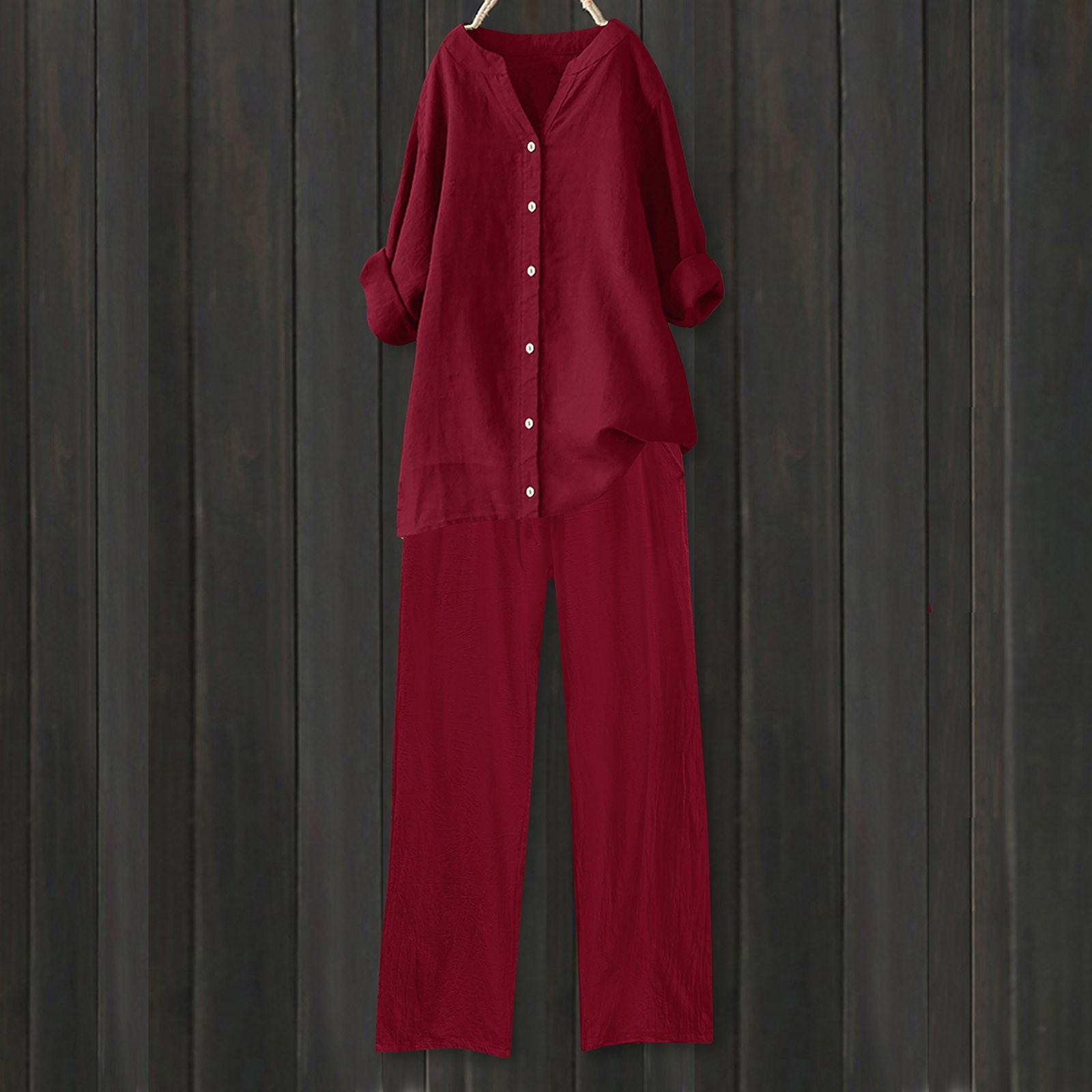 thumbnail image 2 of Conjuntos de 2 piezas para mujer: conjunto de blusa ancha y pantalones elásticos, camisa informal con cuello en V y pantalones para llevar en la calle o en la playa, poliéster, corte holgado, talla, 2 of 4